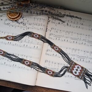 Art Deco 1920s Flapper Handcrafted Beaded Necklace with Black and Gold Accents